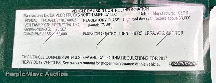 image for item FG1147 2017 Freightliner Cascadia 125 semi truck