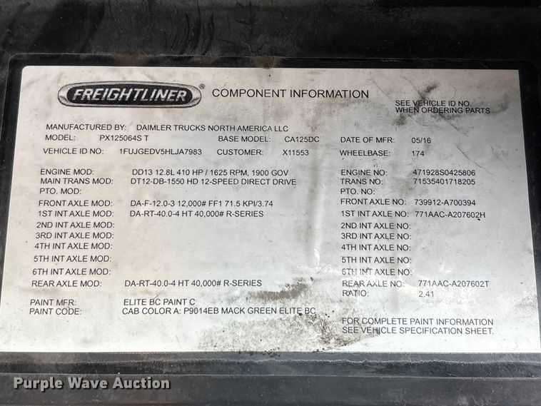 image for item FK1207 2017 Freightliner Cascadia 125 semi truck