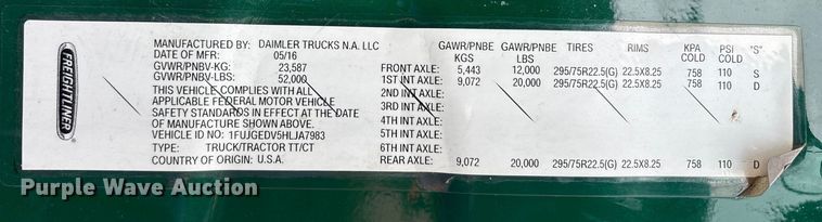 image for item FK1207 2017 Freightliner Cascadia 125 semi truck