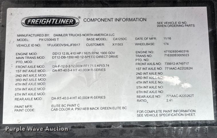 image for item FK1208 2017 Freightliner Cascadia 125 semi truck