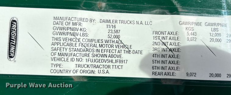 image for item FK1208 2017 Freightliner Cascadia 125 semi truck