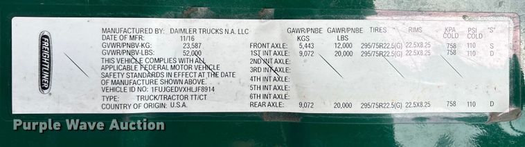 image for item FK1209 2017 Freightliner Cascadia 125 semi truck