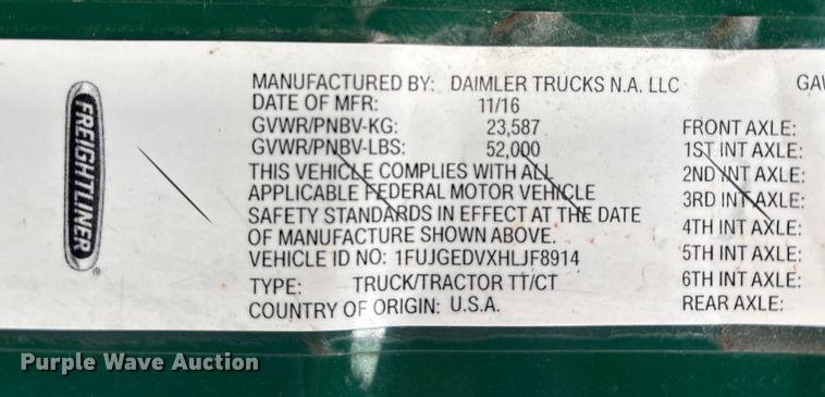 image for item FK1209 2017 Freightliner Cascadia 125 semi truck