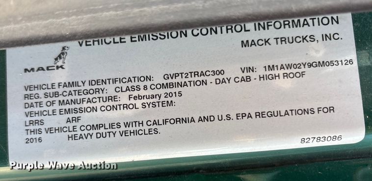 image for item FK1210 2016 Mack CXU semi truck