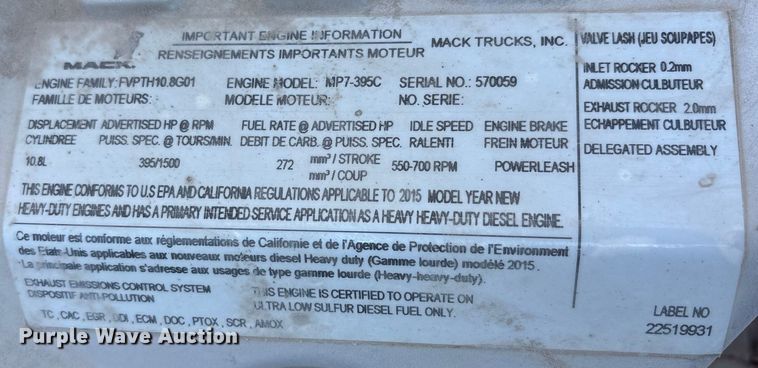image for item FK1210 2016 Mack CXU semi truck