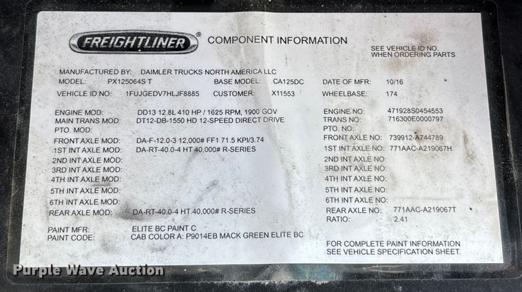 image for item FK1211 2017 Freightliner Cascadia 125 semi truck