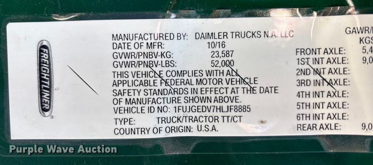 image for item FK1211 2017 Freightliner Cascadia 125 semi truck