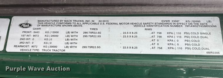 image for item FK1213 2016 Mack CXU613 semi truck