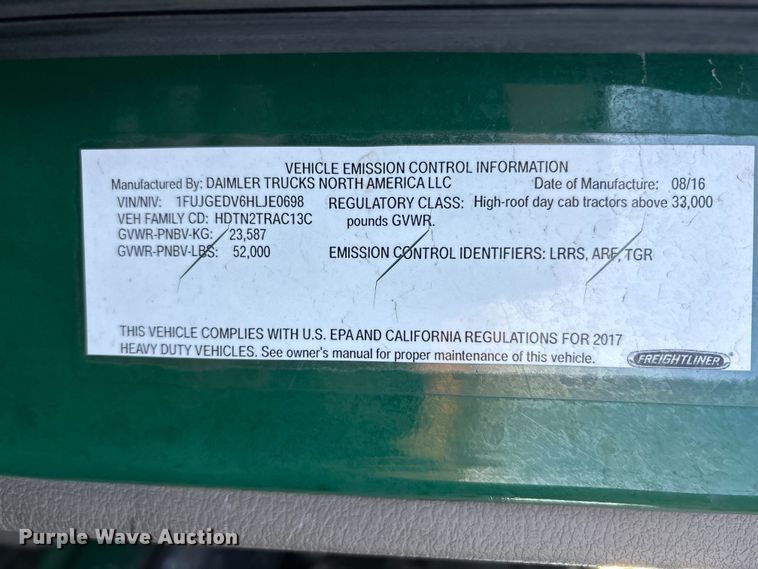 image for item FK1216 2017 Freightliner Cascadia 125 semi truck