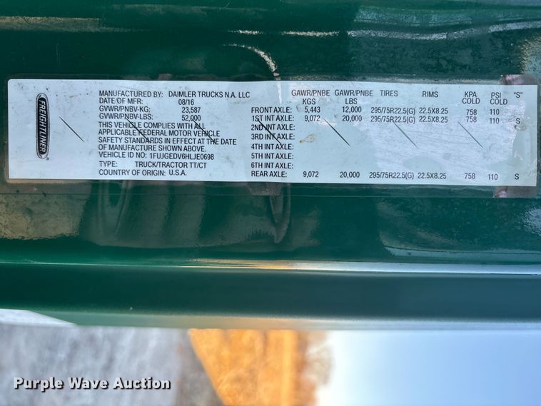 image for item FK1216 2017 Freightliner Cascadia 125 semi truck