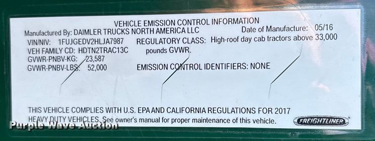 image for item FK1217 2017 Freightliner Cascadia 125 semi truck