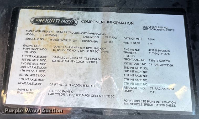 image for item FK1217 2017 Freightliner Cascadia 125 semi truck