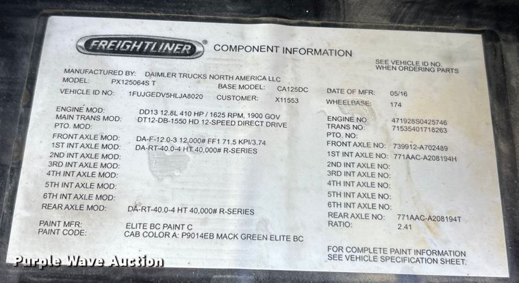 image for item FK1218 2017 Freightliner Cascadia 125 semi truck