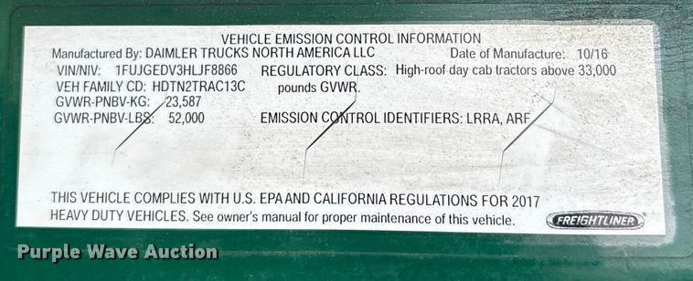 image for item FK1222 2017 Freightliner Cascadia 125 semi truck