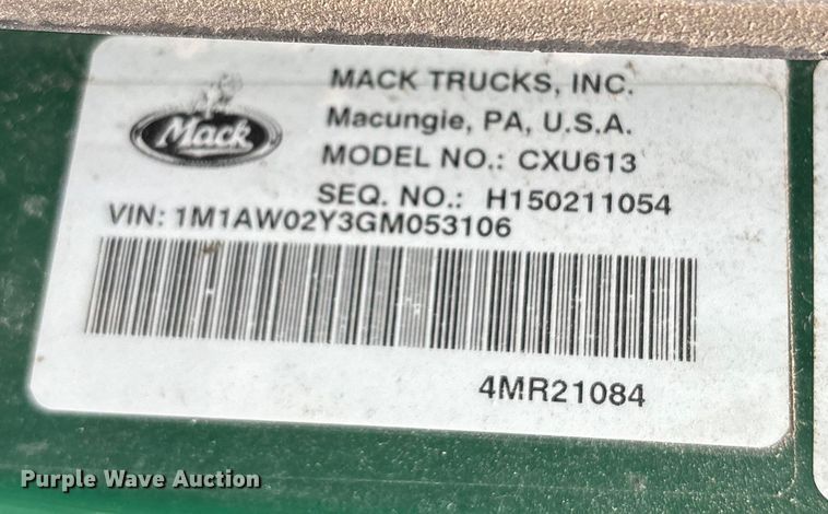 image for item FK1223 2016 Mack CXU613 semi truck
