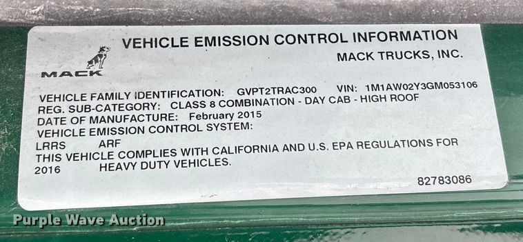 image for item FK1223 2016 Mack CXU613 semi truck