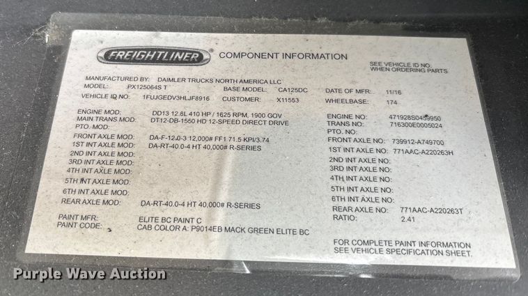image for item FK1224 2017 Freightliner Cascadia 125 semi truck