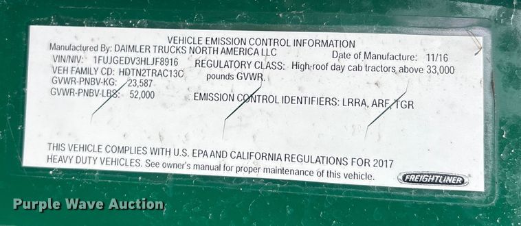 image for item FK1224 2017 Freightliner Cascadia 125 semi truck