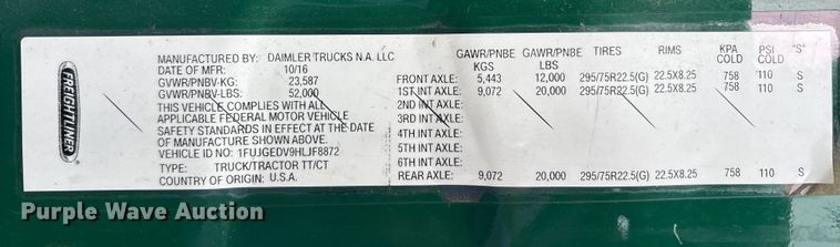 image for item FK1225 2017 Freightliner Cascadia 125 semi truck