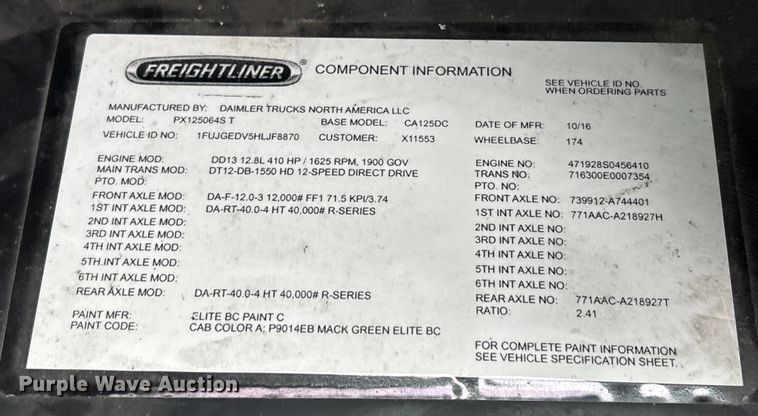 image for item FK1226 2017 Freightliner Cascadia 125 semi truck