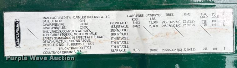 image for item FK1226 2017 Freightliner Cascadia 125 semi truck