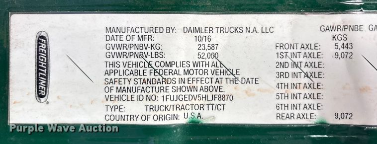 image for item FK1226 2017 Freightliner Cascadia 125 semi truck