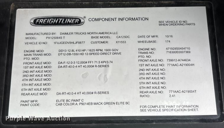 image for item FK1228 2017 Freightliner Cascadia 125 semi truck