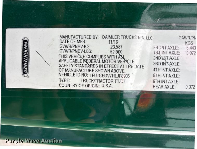 image for item FK1393 2017 Freightliner Cascadia 125 semi truck