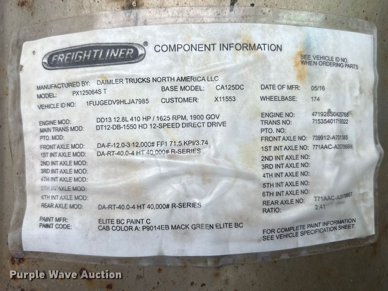 image for item FK1395 2017 Freightliner Cascadia 125 semi truck