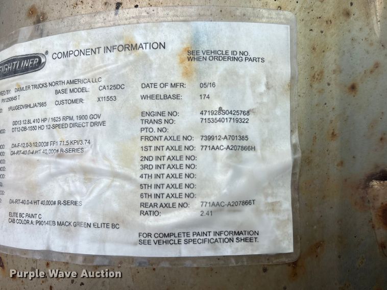 image for item FK1395 2017 Freightliner Cascadia 125 semi truck