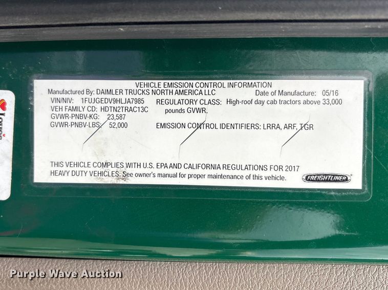 image for item FK1395 2017 Freightliner Cascadia 125 semi truck