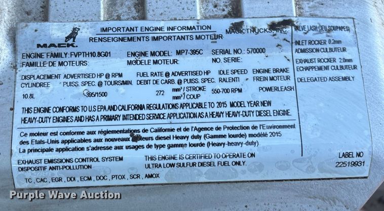 image for item YA2284 2016 Mack CXU613 semi truck