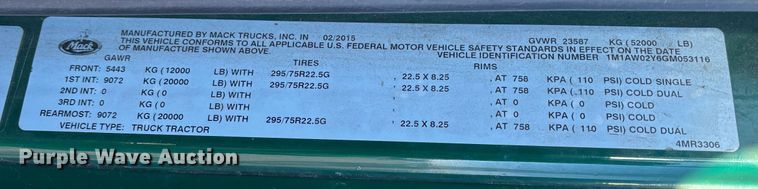 image for item YA2284 2016 Mack CXU613 semi truck