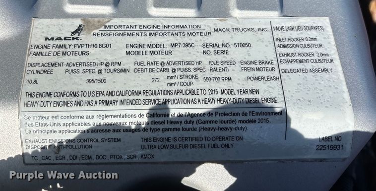 image for item YA2285 2016 Mack CXU613 semi truck