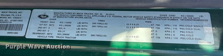 image for item YA2285 2016 Mack CXU613 semi truck