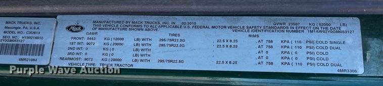 image for item YA2286 2016 Mack CXU613 semi truck