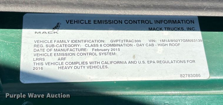 image for item YA2287 2016 Mack CXU613 semi truck