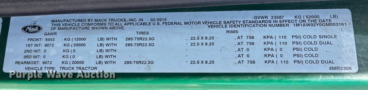 image for item YA2288 2016 Mack CXU613 semi truck