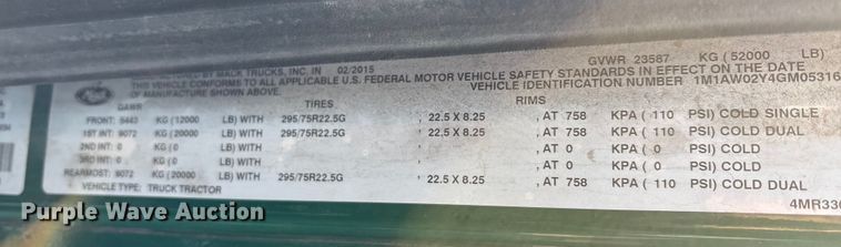 image for item YA2289 2016 Mack CXU613 semi truck