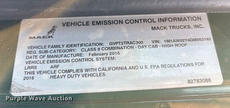 image for item YA2289 2016 Mack CXU613 semi truck