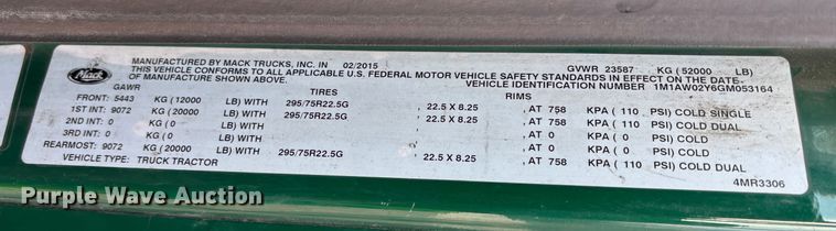 image for item YA2290 2016 Mack CXU613 semi truck