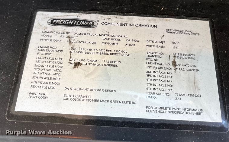 image for item YA2291 2017 Freightliner Cascadia 125 semi truck