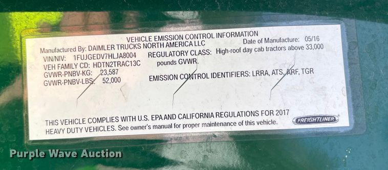 image for item YA2292 2017 Freightliner Cascadia 125 semi truck