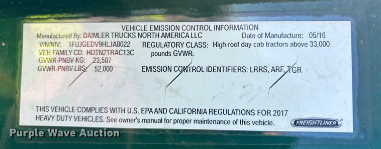 image for item YA2294 2017 Freightliner Cascadia 125 semi truck