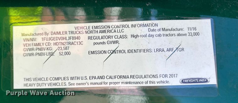 image for item YA2300 2017 Freightliner Cascadia 125 semi truck