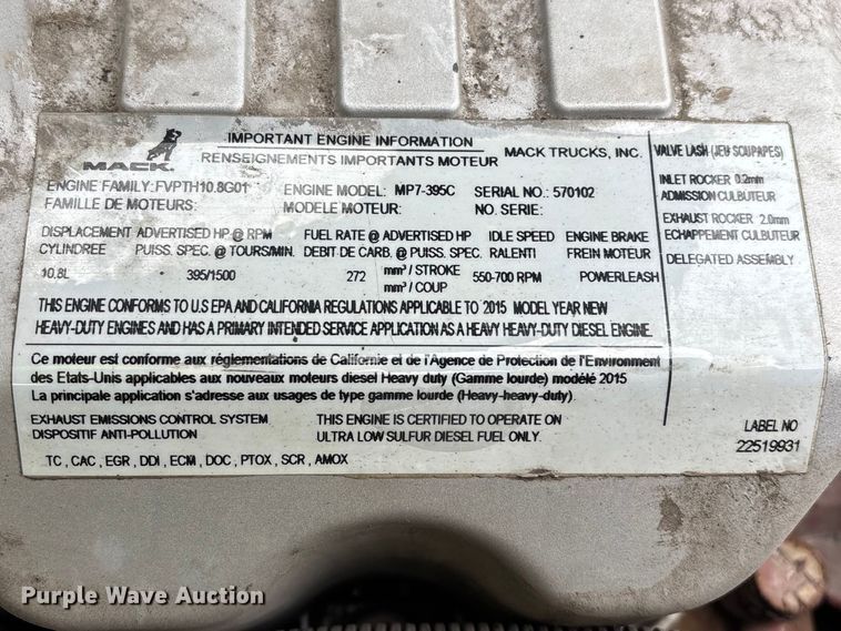 image for item YA2320 2016 Mack CXU613 semi truck