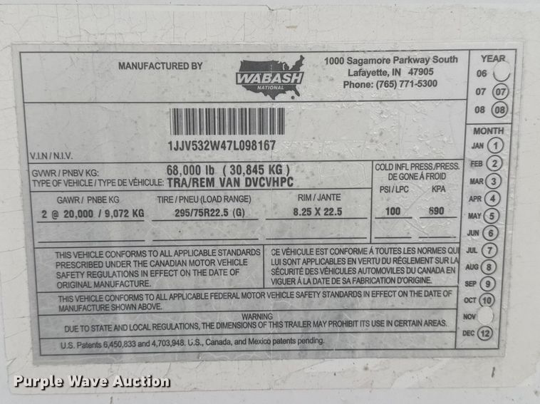 image for item YA2354 2007 Wabash National DVCVHPC dry van trailer