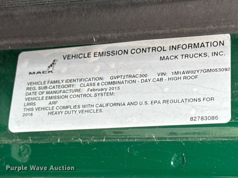 image for item YA2357 2016 Mack CXU613 semi truck