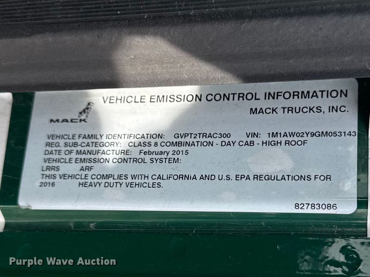 image for item YA2359 2016 Mack CXU613 semi truck