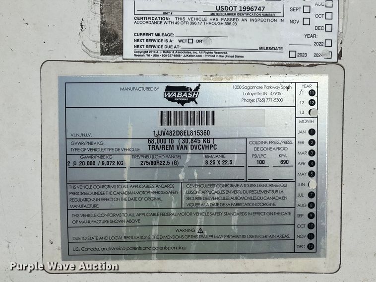 image for item YA2453 2014 Wabash dry van trailer